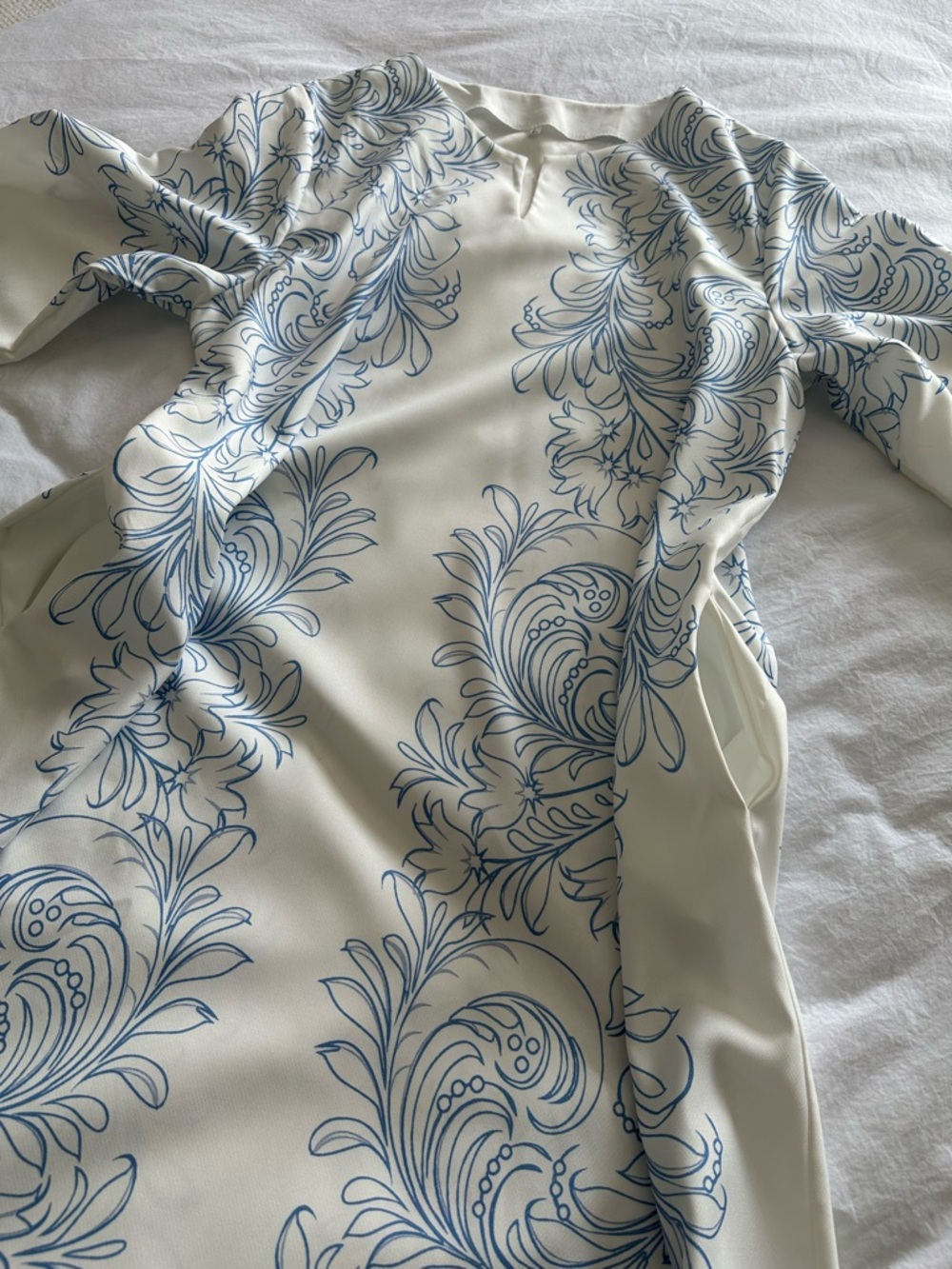 White Tunic Dress with Delicate Blue Floral Print, size large - Picture 8 of 10